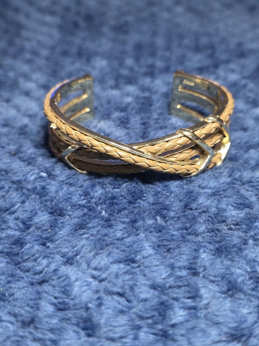 Cole Haan Chevron Brown Leather Braided Gold Tone Cuff